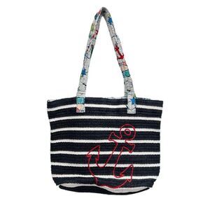 Vera Bradley Straw Tote Beach Bag Navy Nautical Embroidered Anchors Away NEW